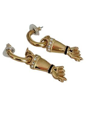 Jackie Collins Gold Tone Rhinestone Figa Fist Dangle Post Earrings Signed, K01